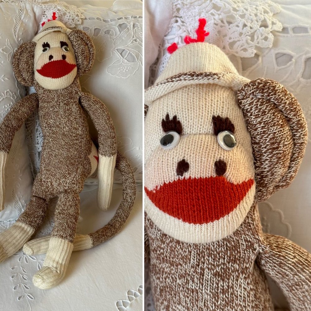 Vintage Homemade Sock Monkey Large Clean Fresh 19" Stuffed Animal with Hat EUC